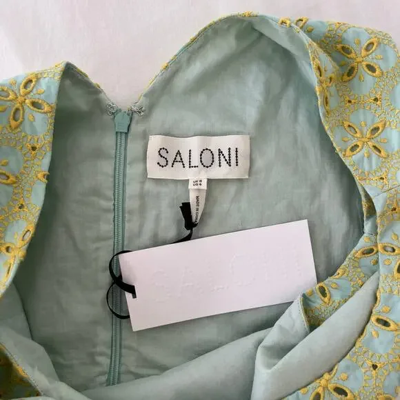 Saloni NWT Jesse Broderie Embroidered Hourglass Cotton Dress in Duckegg Citrine - Picture 11 of 16